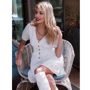 White Eyelet Mini Dress Button Front V-Neck